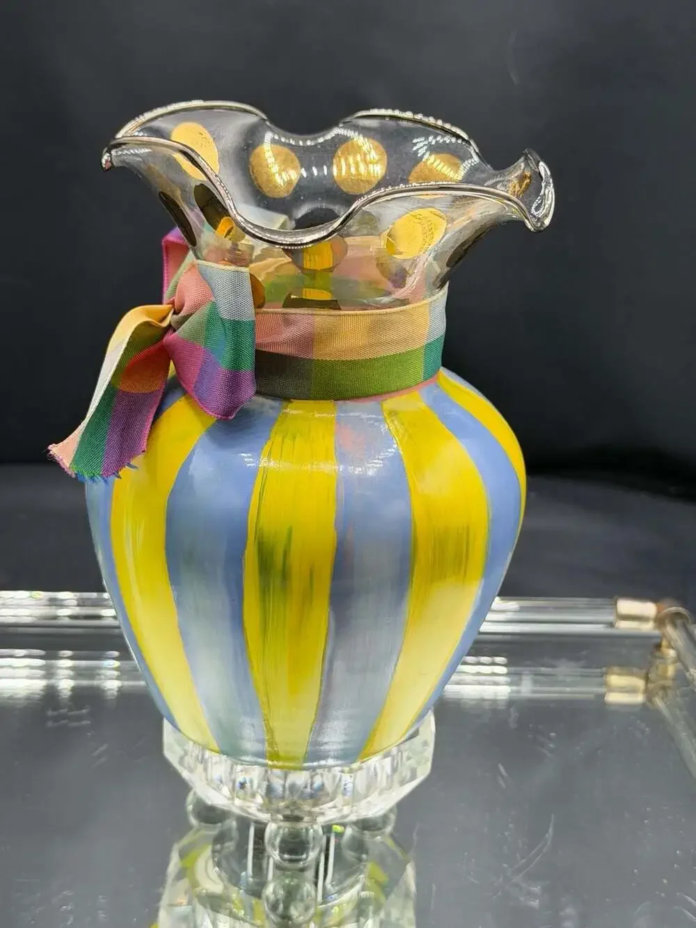 Mackenzie -Childs Heirloom Circus Hand-Painted Fluted Glass Vase with Striped P